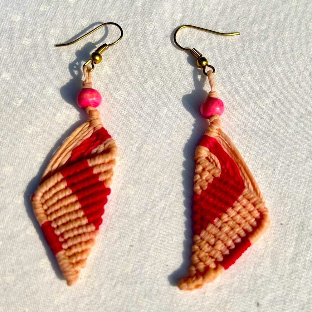 Macrame Pink Earrings Wood Bead Handcrafted Made In Patagonia One of a Kind